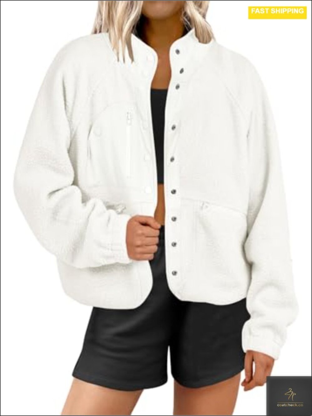 Fuzzy Fleece Button Down Cropped Sherpa Coat with Pockets